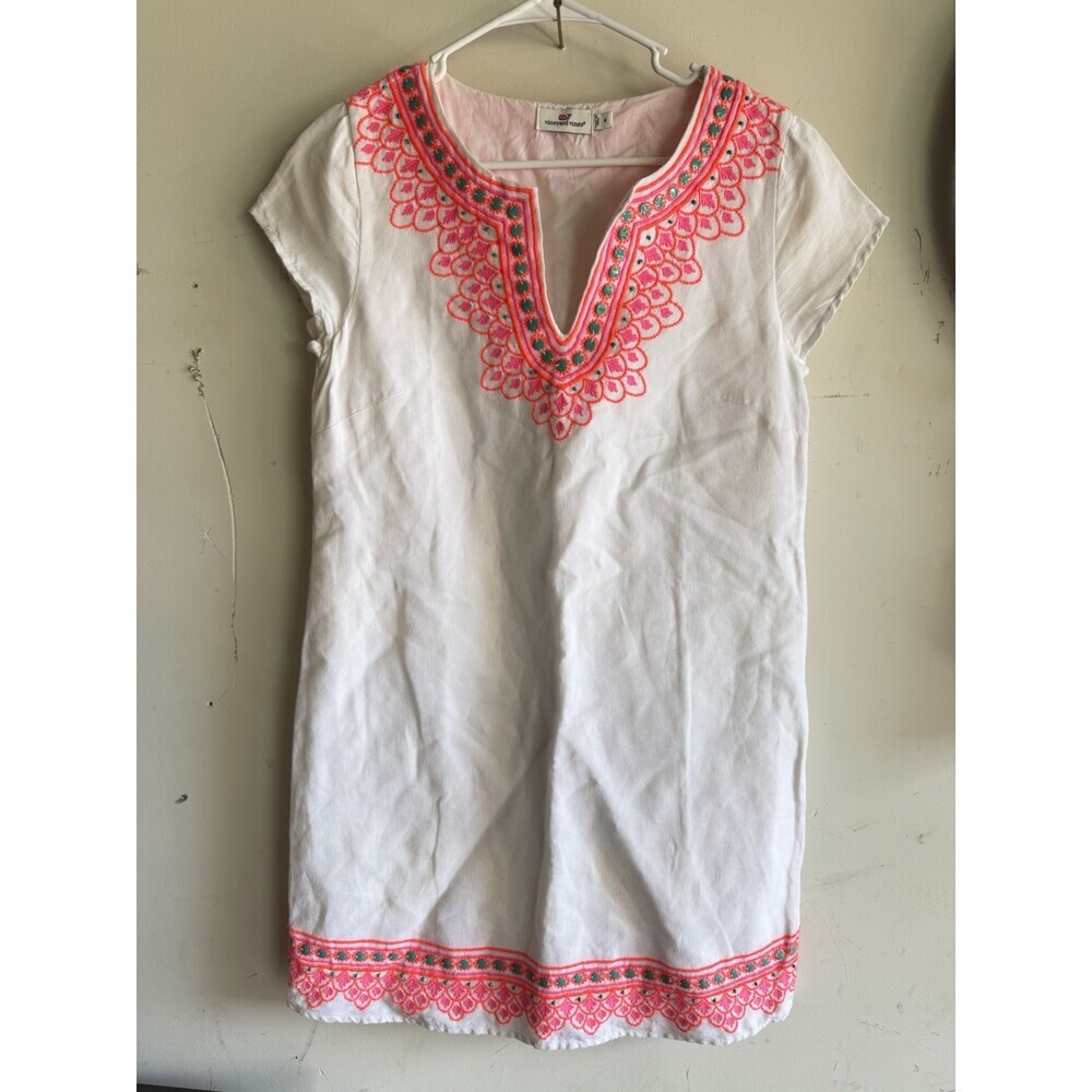 Vineyard Vines Vacation Embroidered Cotton Linen Tunic Dress White  4 Beaded
